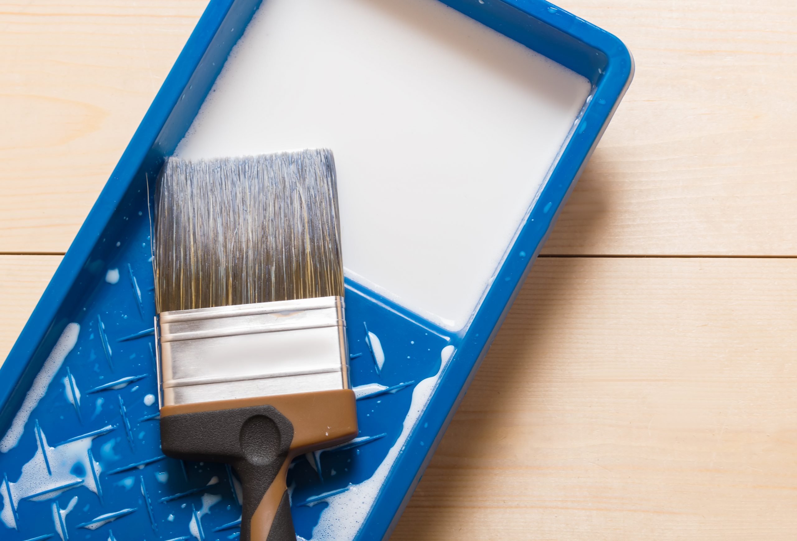A,Tray,With,A,Primer,For,Priming,The,Walls,And Paintbrush in a Paint Tray Full of White Paint